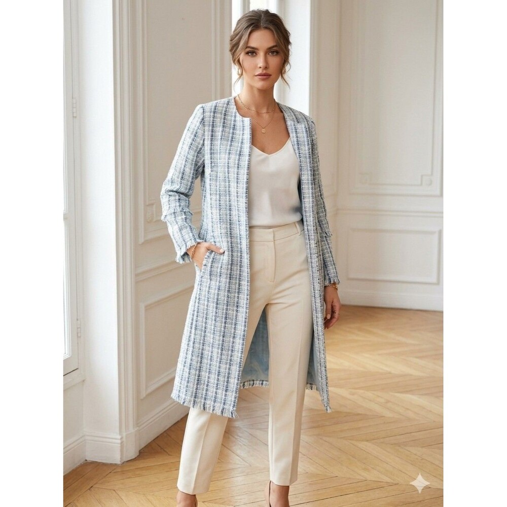 New Hayden Blue/White Plaid Open Front Fringe Lined Long Overcoat Women S